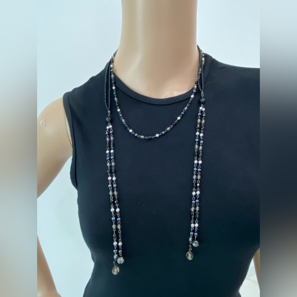 Versatile Black/Silver/Gray Beaded Lariat Necklace - image 6